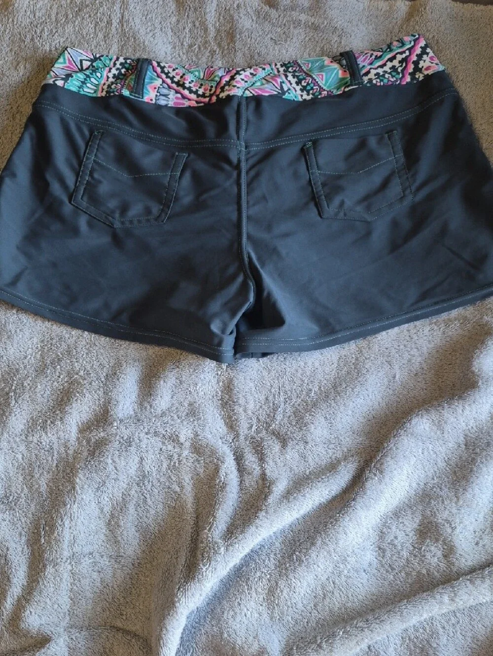 Free Country Teal Swim Bottoms with Pink & Black Geometric Trim